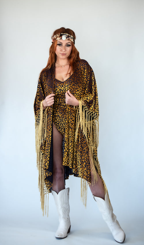 Outfit, fashion, festival fashion, matching set, top, designer clothing, fashion trends, bodysuit, robe, cheetah print robe, cheetah print bodysuit, gold robe