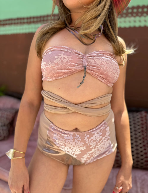 festival top, festival outfit, festival bottoms, white mesh top, festival bottoms, fashion outfit, gold bottoms, white bottoms, white mesh bottoms, nude festival bottoms, nude festival top, nude wrap top, nude festival outfit, pink wrap top, pink velvet bottoms, pink festival outfit