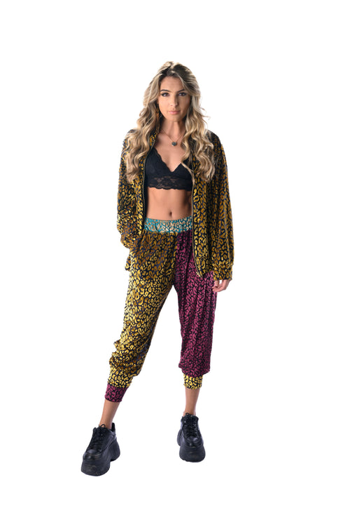 fashion, outfits, festival fashion, jacket pant set, unisex clothing, reversible jacket,  matching set, joggers, designer clothing, animal print jacket, animal print pants, cheetah pants, loungewear